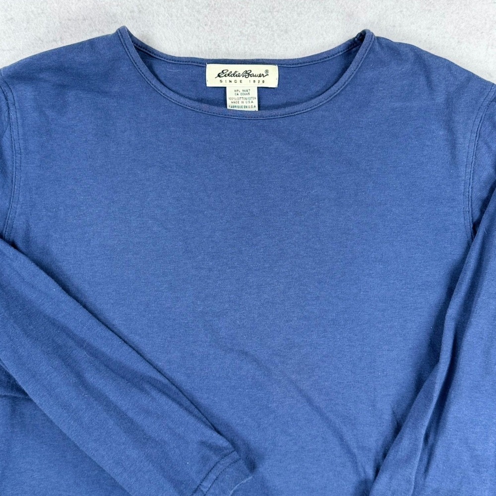 Eddie Bauer Womens Petite Small Blue Long Sleeve Cotton T-Shirt Made in USA